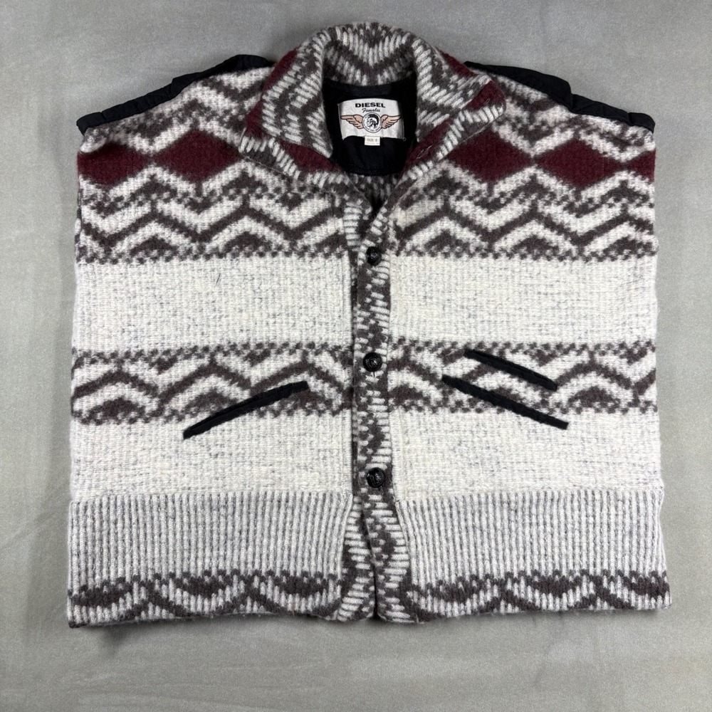 Diesel Females Wool Blend Fair Isle Knit Vest Button Front Quilted Shoulder S